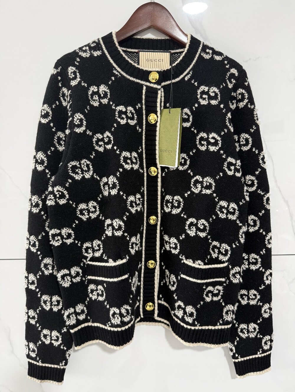 GUCCI Black and Cream Wool-Blend Cardigan with Gold Buttons